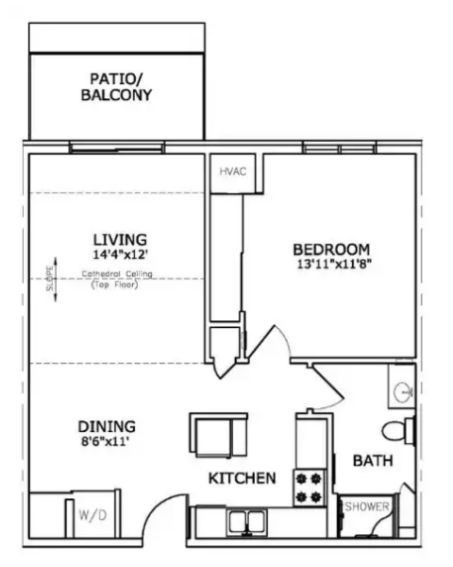 Floor plan for 1 bed, 1 bath, 693 sqft